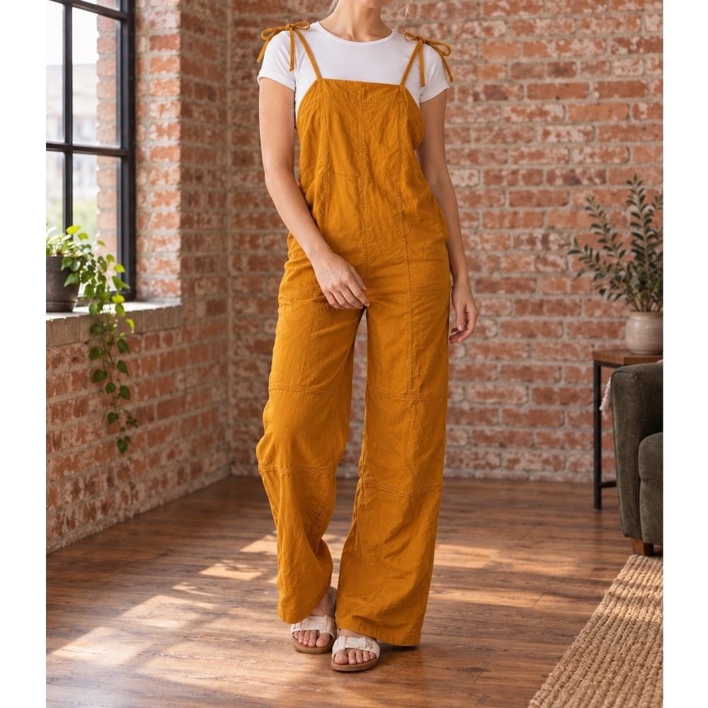 Urban Outfitters Yellow Linen Blend Wide Leg Overalls S Fall Boho Costal Utility